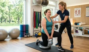 Fiatal, molettebb nő gyógytornász segítségével végez erősítő feladatokat